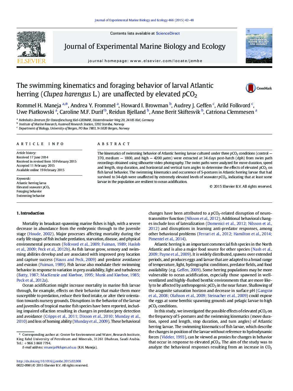 The swimming kinematics and foraging behavior of larval Atlantic herring (Clupea harengus L.) are unaffected by elevated pCO2