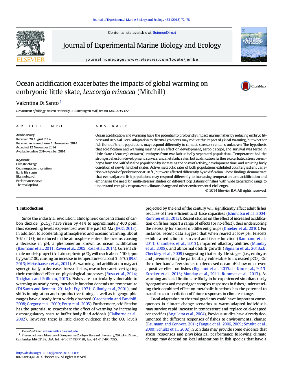 Ocean acidification exacerbates the impacts of global warming on embryonic little skate, Leucoraja erinacea (Mitchill)