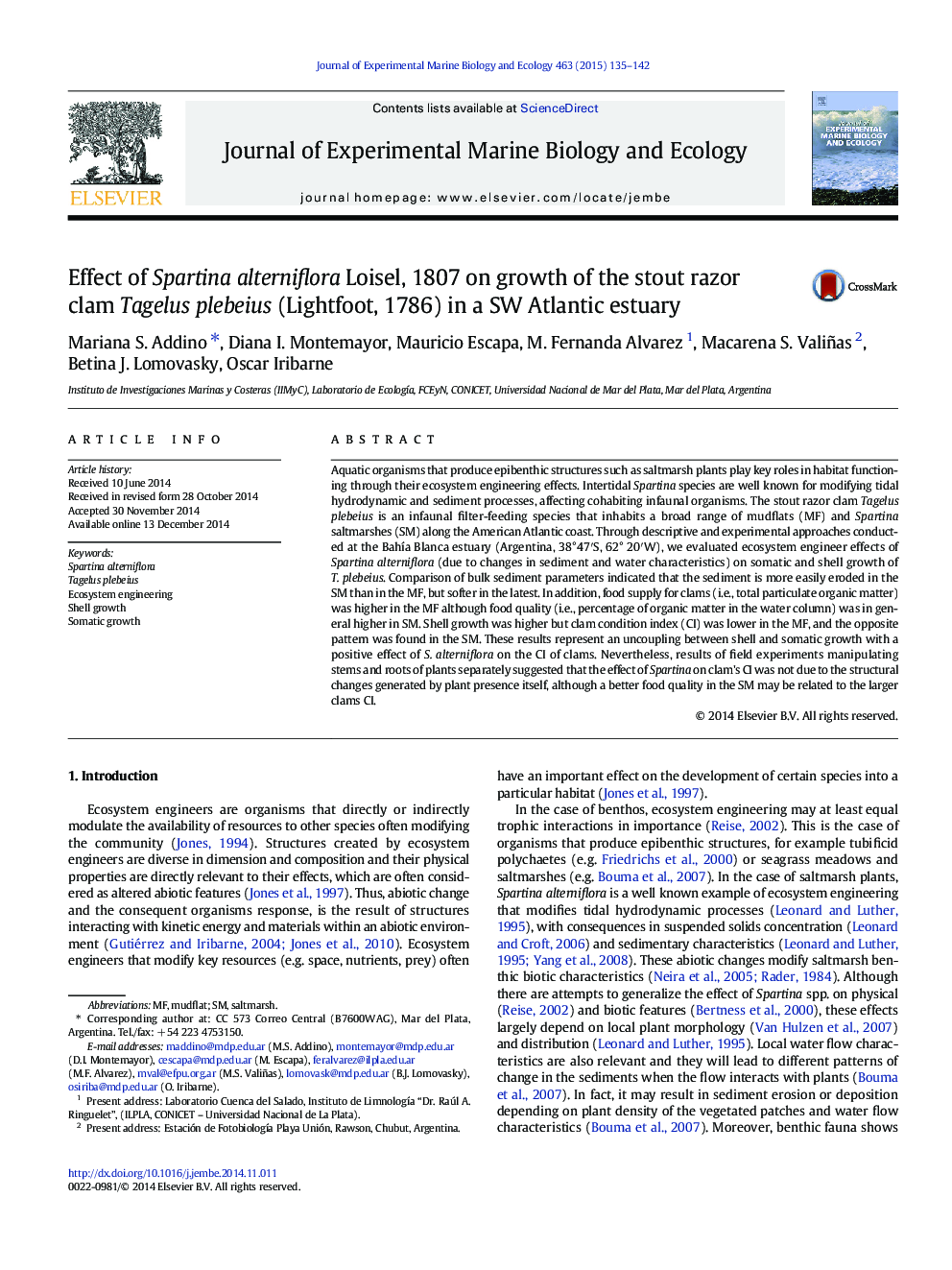 Effect of Spartina alterniflora Loisel, 1807 on growth of the stout razor clam Tagelus plebeius (Lightfoot, 1786) in a SW Atlantic estuary