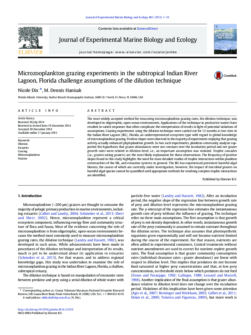 Microzooplankton grazing experiments in the subtropical Indian River Lagoon, Florida challenge assumptions of the dilution technique