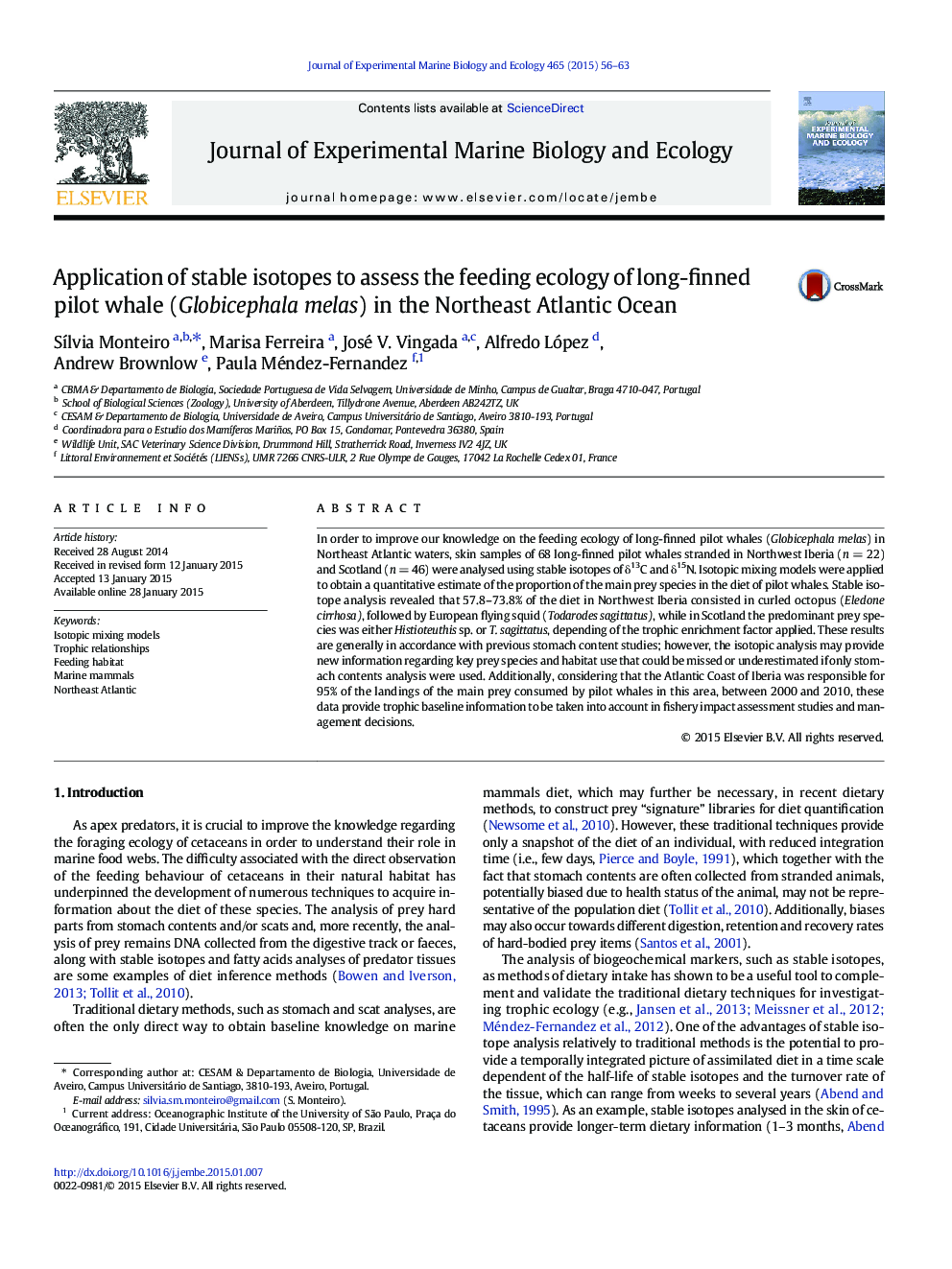 Application of stable isotopes to assess the feeding ecology of long-finned pilot whale (Globicephala melas) in the Northeast Atlantic Ocean