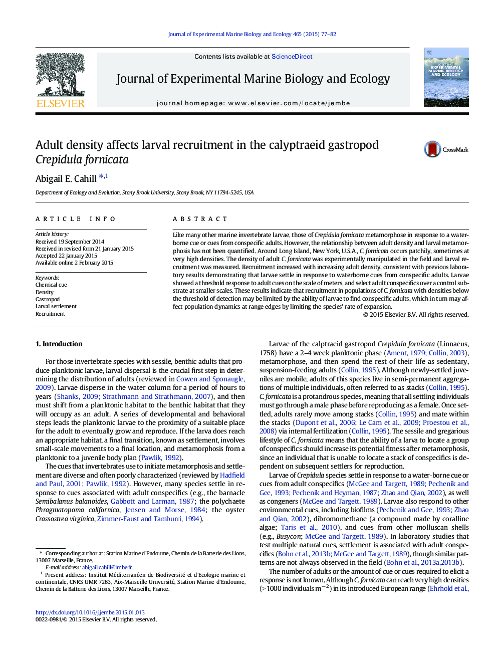 Adult density affects larval recruitment in the calyptraeid gastropod Crepidula fornicata