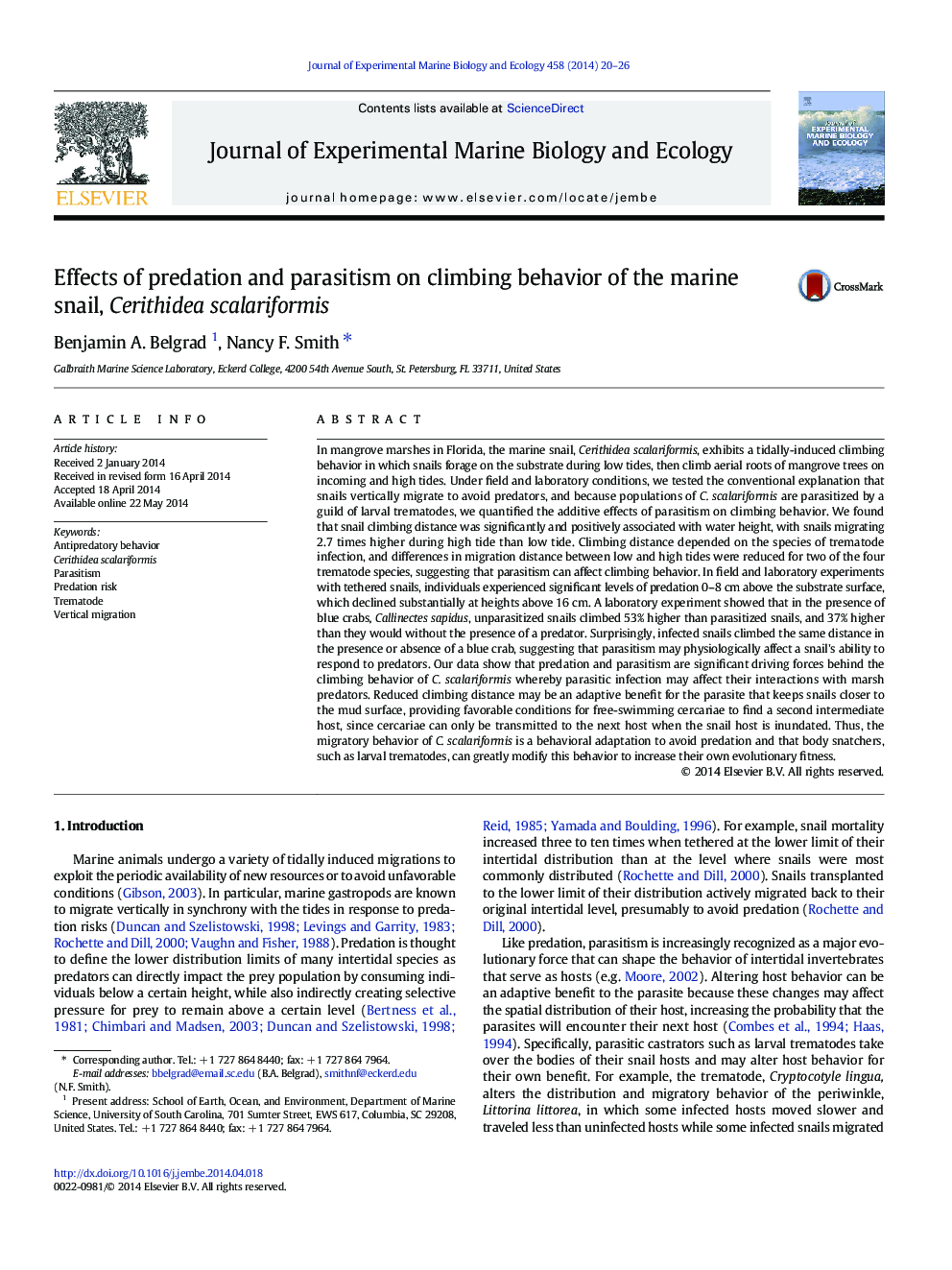 Effects of predation and parasitism on climbing behavior of the marine snail, Cerithidea scalariformis