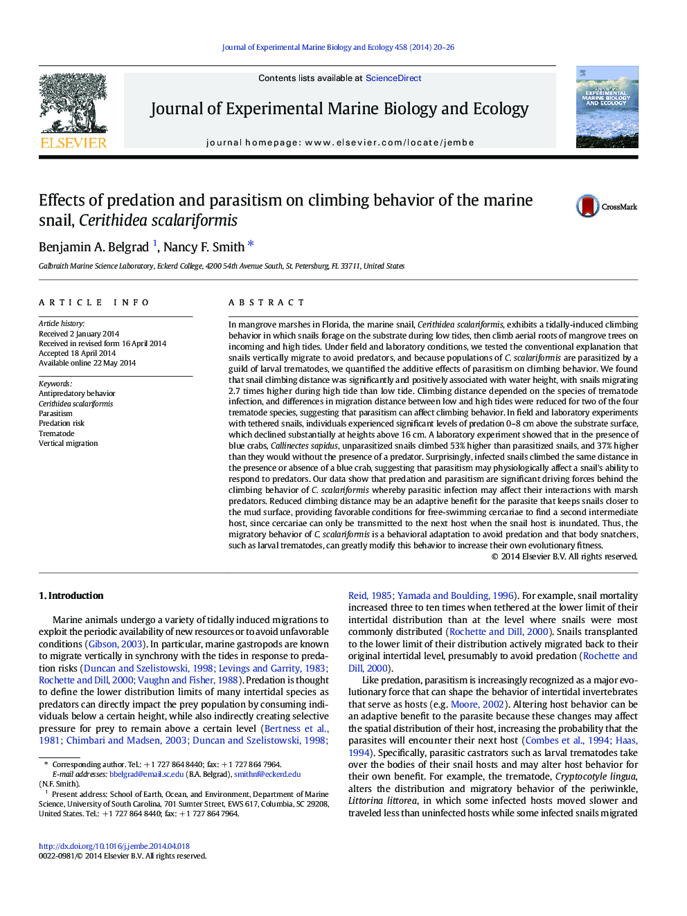 عکس صفحه اول مقاله: Effects of predation and parasitism on climbing behavior of the marine snail, Cerithidea scalariformis Effects of predation and parasitism on climbing behavior of the marine snail, Cerithidea scalariformis