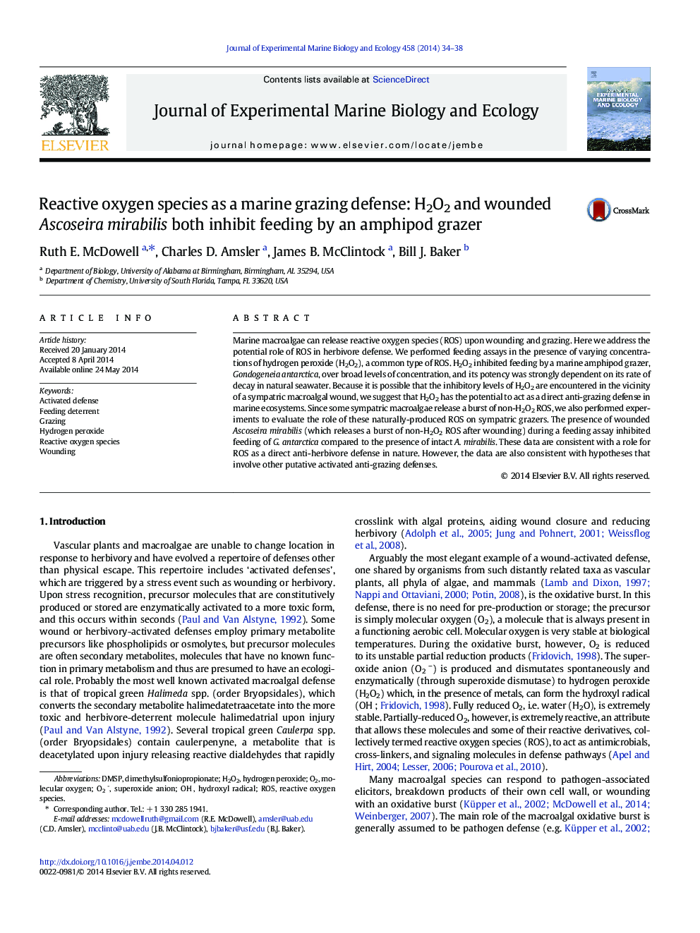 Reactive oxygen species as a marine grazing defense: H2O2 and wounded Ascoseira mirabilis both inhibit feeding by an amphipod grazer