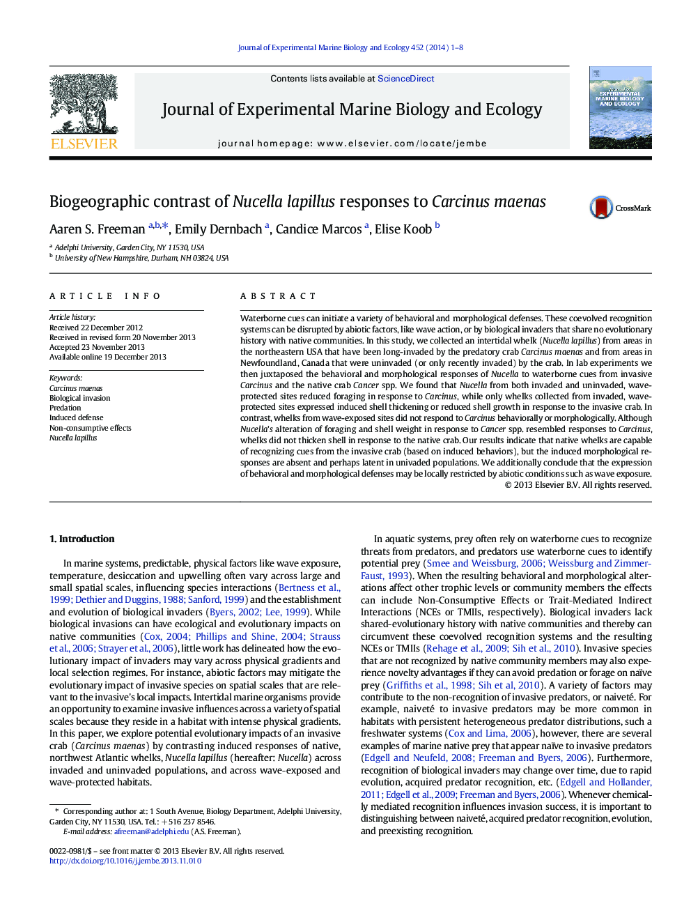 Biogeographic contrast of Nucella lapillus responses to Carcinus maenas