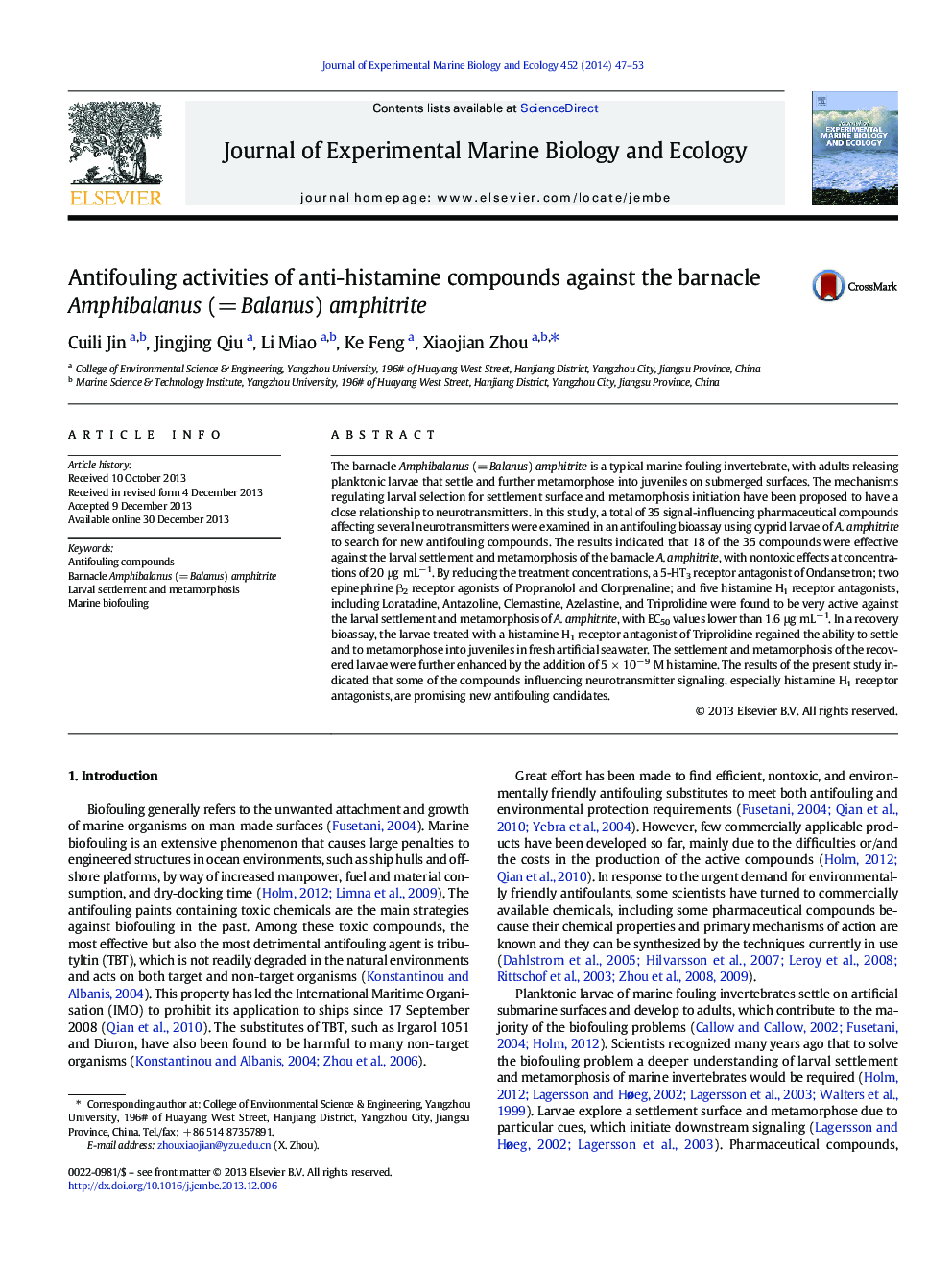 Antifouling activities of anti-histamine compounds against the barnacle Amphibalanus (=Â Balanus) amphitrite