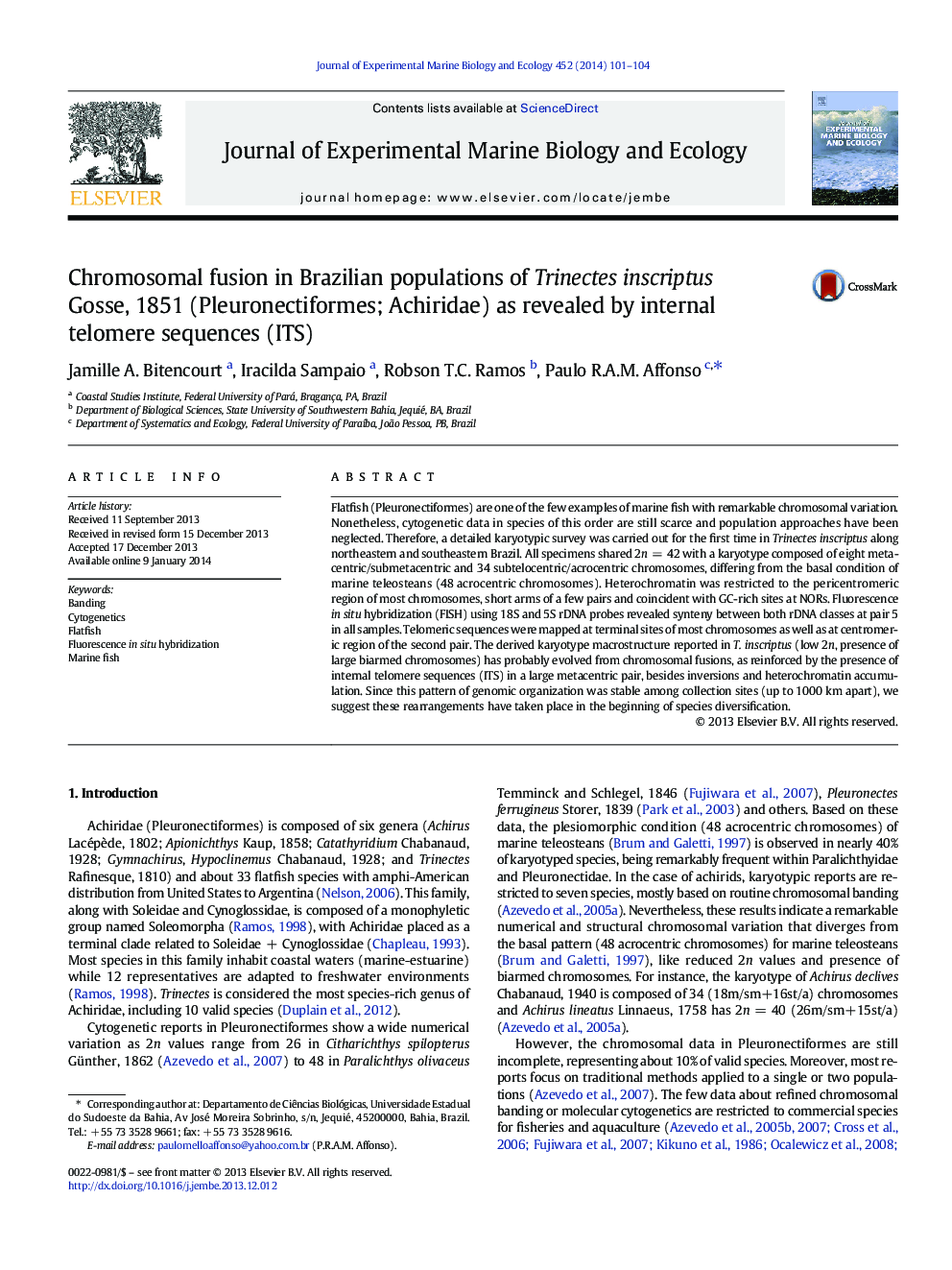 Chromosomal fusion in Brazilian populations of Trinectes inscriptus Gosse, 1851 (Pleuronectiformes; Achiridae) as revealed by internal telomere sequences (ITS)