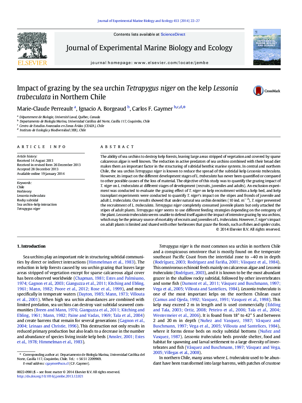 Impact of grazing by the sea urchin Tetrapygus niger on the kelp Lessonia trabeculata in Northern Chile