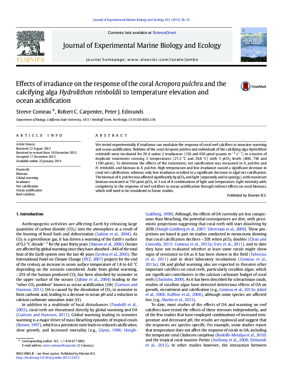 Effects of irradiance on the response of the coral Acropora pulchra and the calcifying alga Hydrolithon reinboldii to temperature elevation and ocean acidification