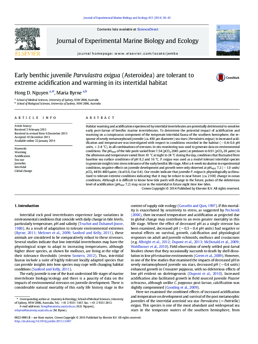 Early benthic juvenile Parvulastra exigua (Asteroidea) are tolerant to extreme acidification and warming in its intertidal habitat