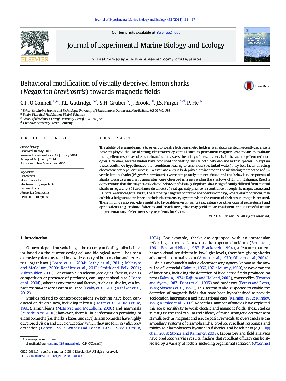 Behavioral modification of visually deprived lemon sharks (Negaprion brevirostris) towards magnetic fields