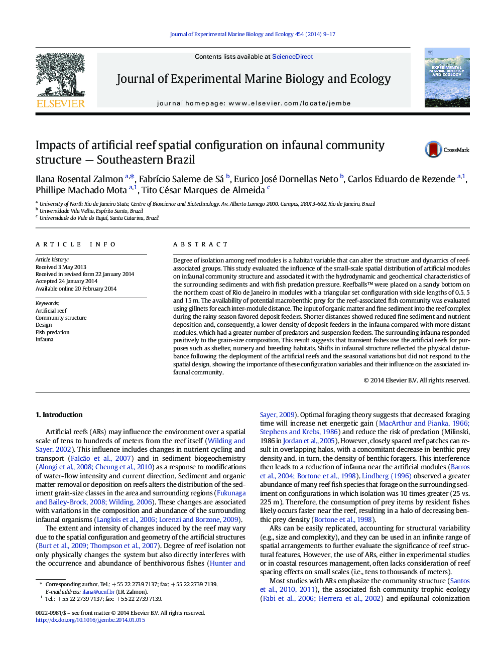 Impacts of artificial reef spatial configuration on infaunal community structure — Southeastern Brazil