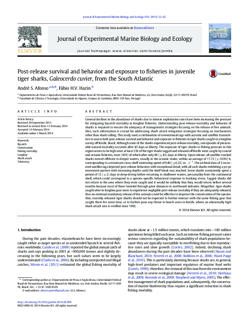 Post-release survival and behavior and exposure to fisheries in juvenile tiger sharks, Galeocerdo cuvier, from the South Atlantic
