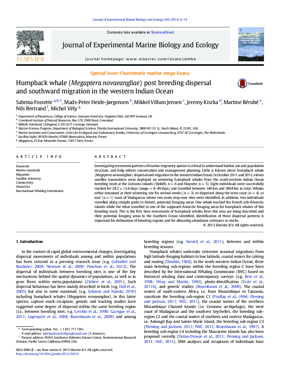 Humpback whale (Megaptera novaeangliae) post breeding dispersal and southward migration in the western Indian Ocean