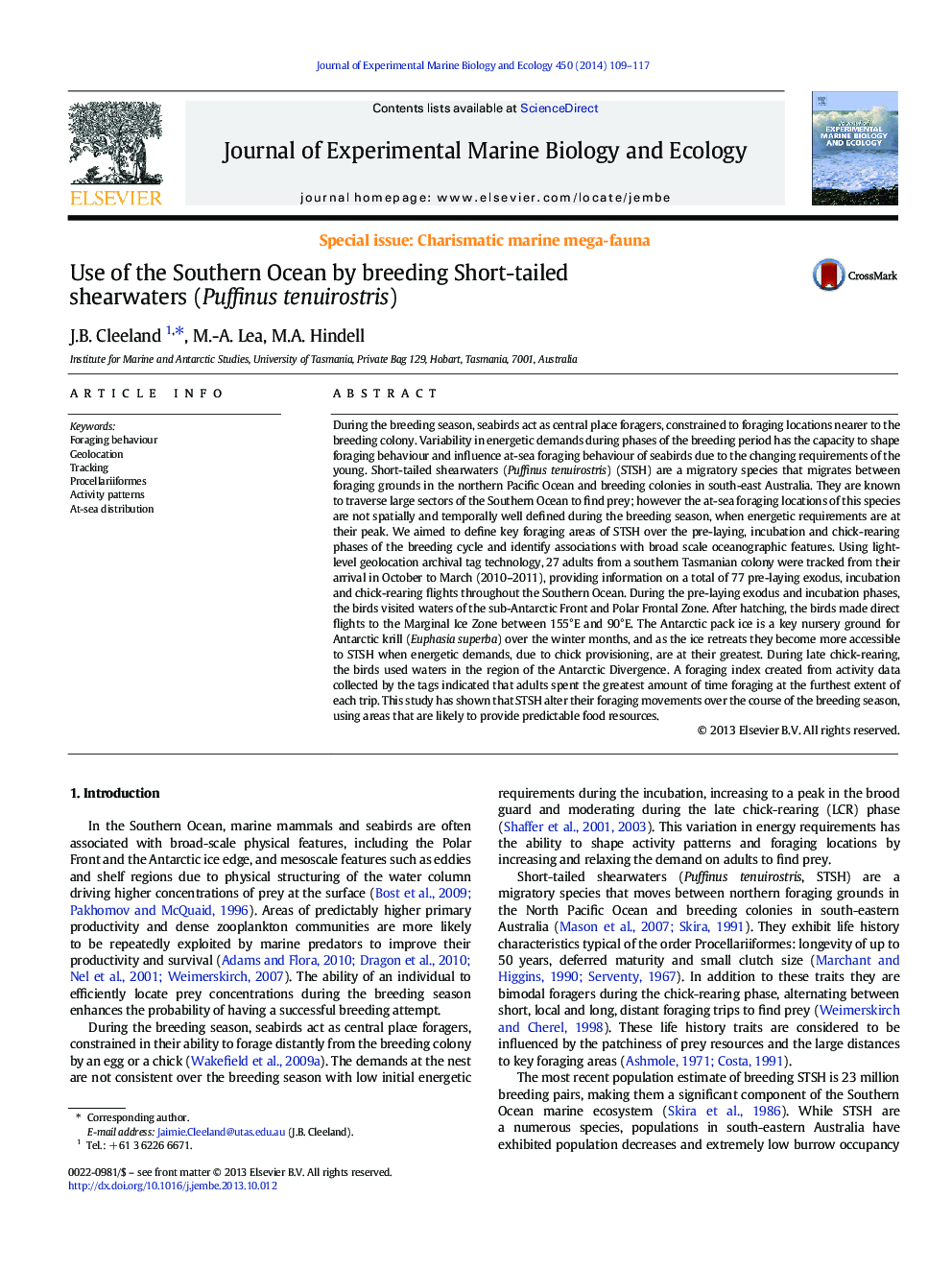 Use of the Southern Ocean by breeding Short-tailed shearwaters (Puffinus tenuirostris)