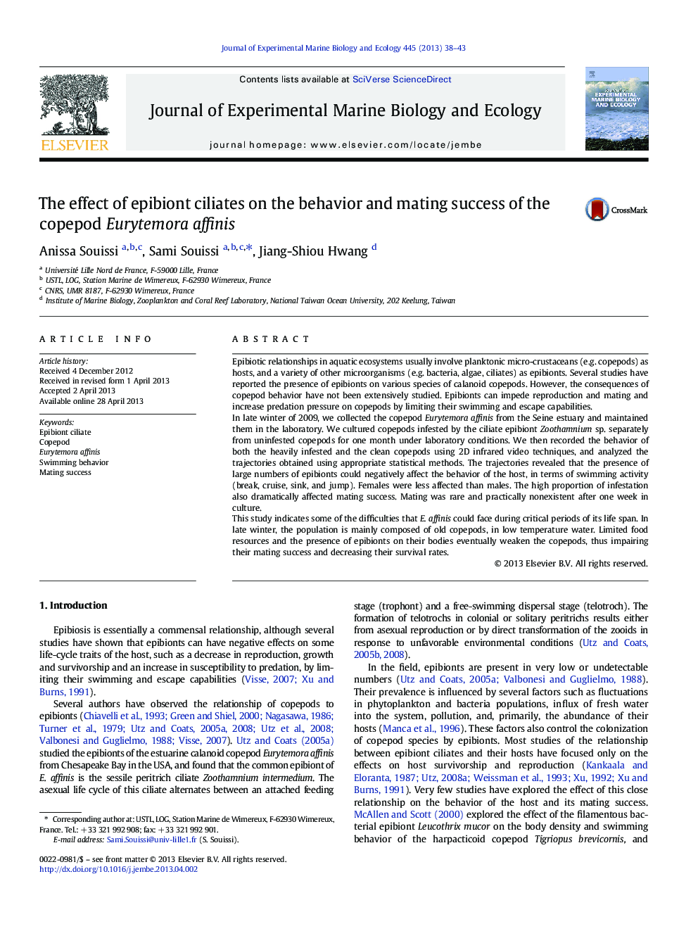 The effect of epibiont ciliates on the behavior and mating success of the copepod Eurytemora affinis