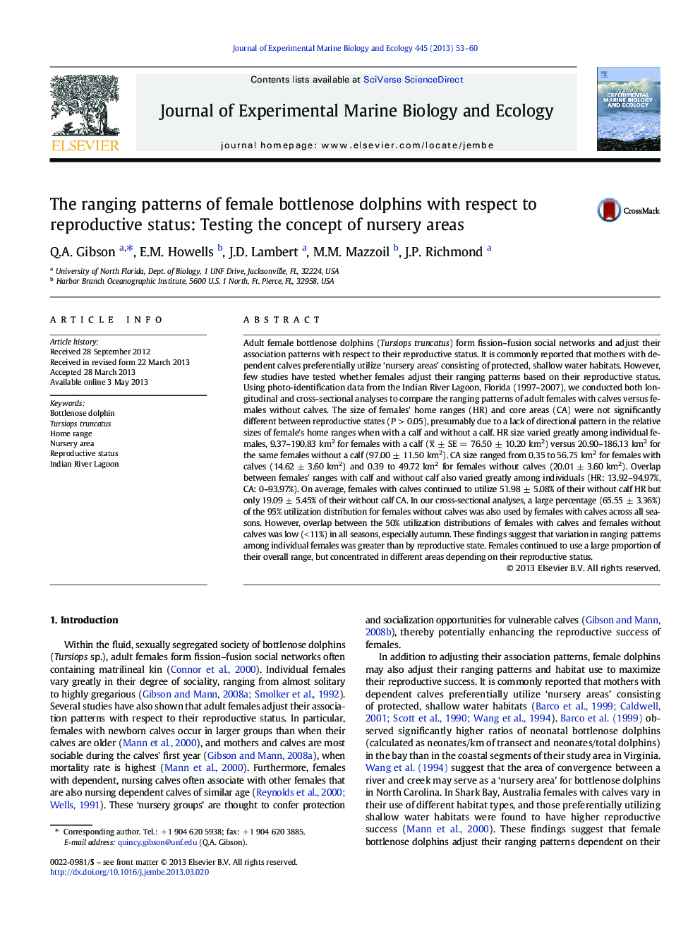 The ranging patterns of female bottlenose dolphins with respect to reproductive status: Testing the concept of nursery areas