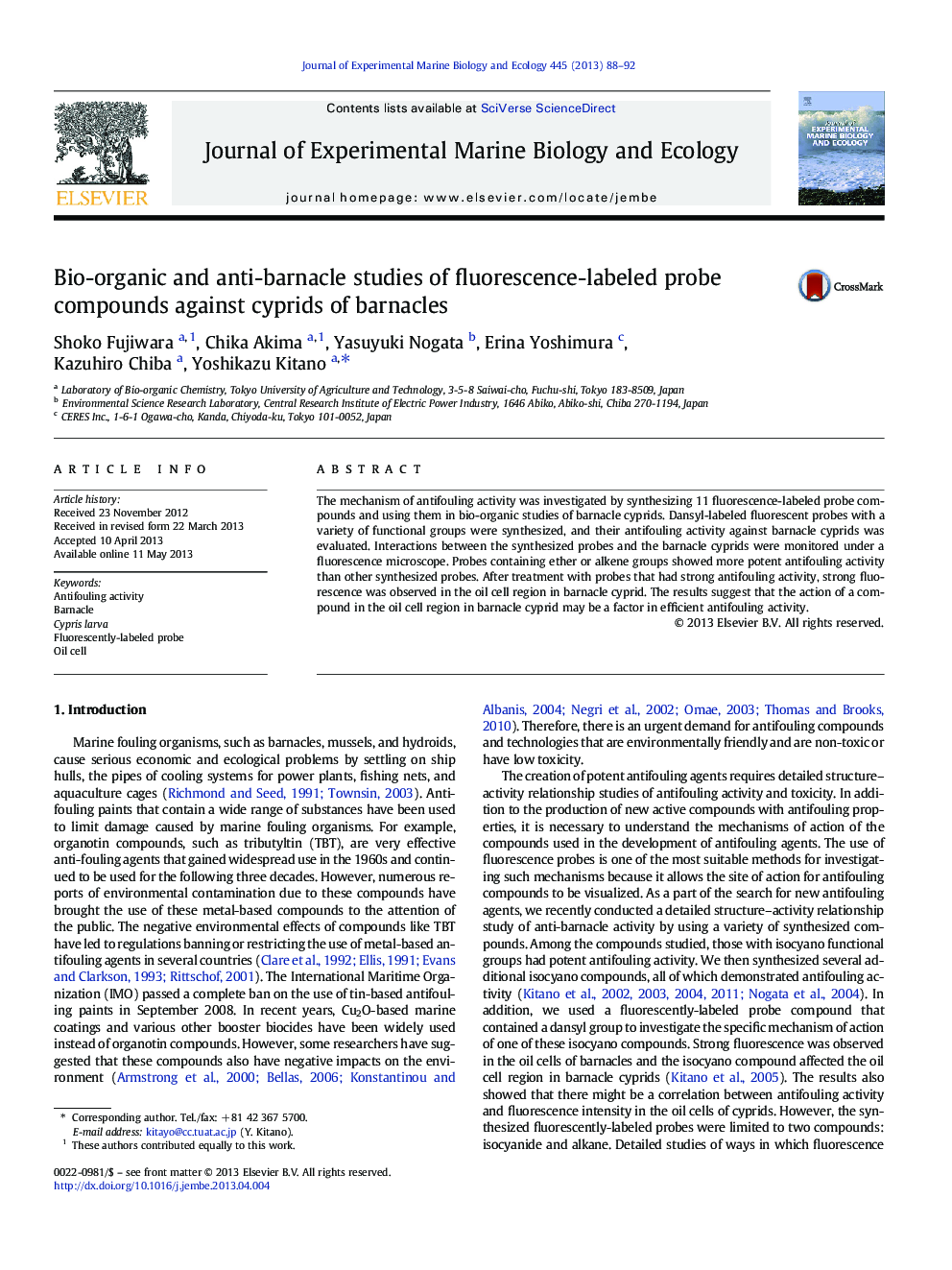 Bio-organic and anti-barnacle studies of fluorescence-labeled probe compounds against cyprids of barnacles