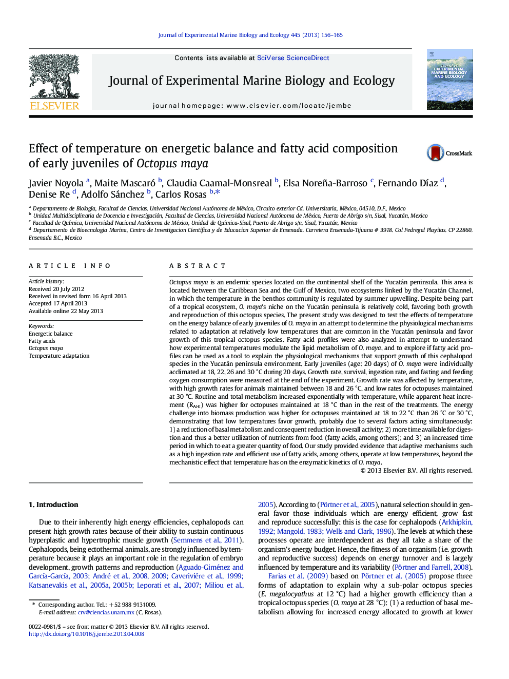 Effect of temperature on energetic balance and fatty acid composition of early juveniles of Octopus maya