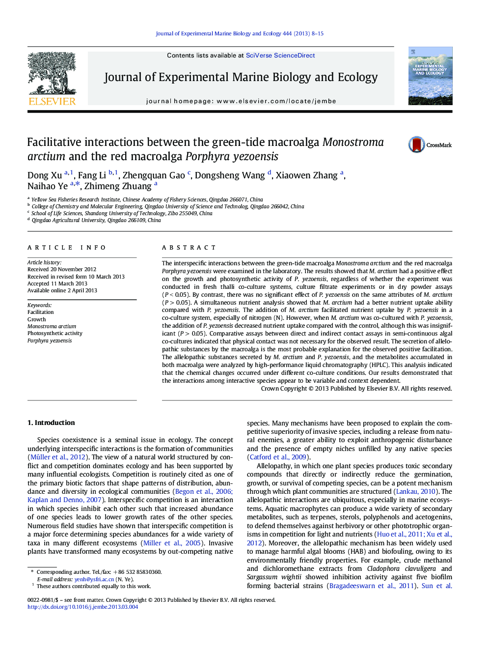 Facilitative interactions between the green-tide macroalga Monostroma arctium and the red macroalga Porphyra yezoensis