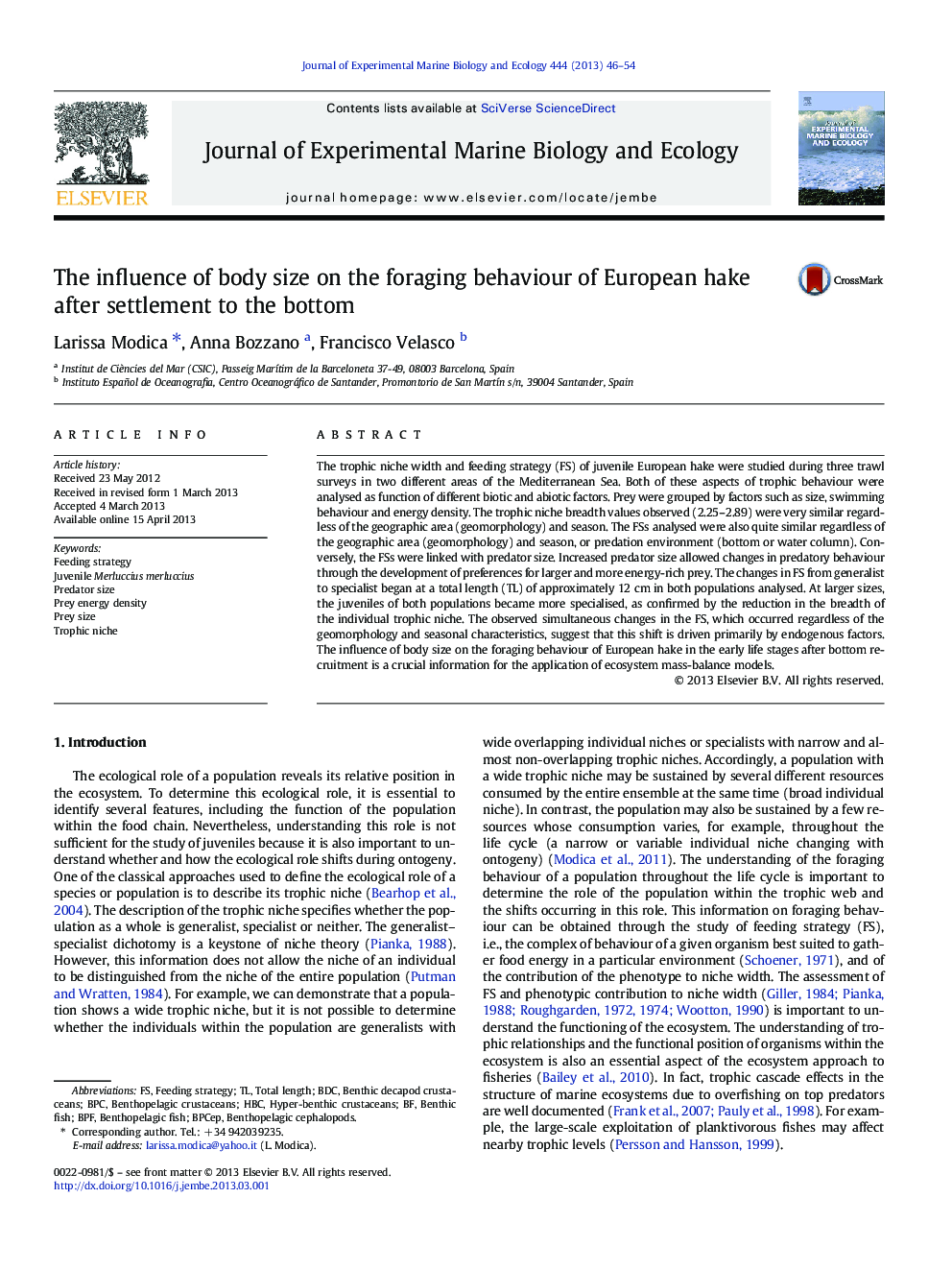 The influence of body size on the foraging behaviour of European hake after settlement to the bottom