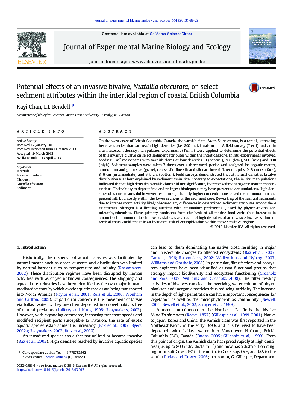 عکس صفحه اول مقاله: Potential effects of an invasive bivalve, Nuttallia obscurata, on select sediment attributes within the intertidal region of coastal British Columbia Potential effects of an invasive bivalve, Nuttallia obscurata, on select sediment attributes within the intertidal region of coastal British Columbia