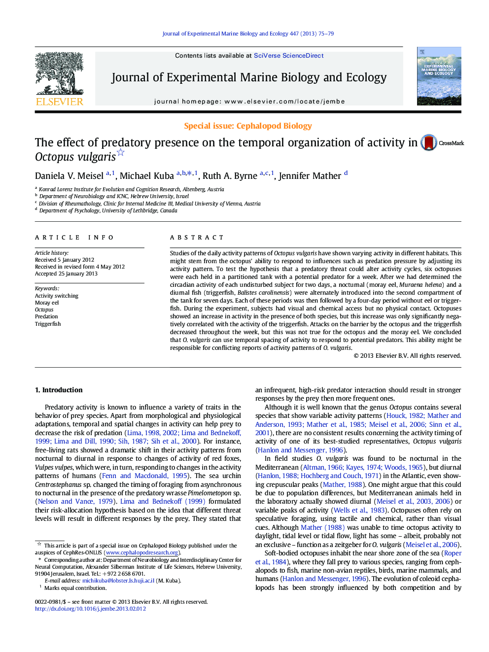 The effect of predatory presence on the temporal organization of activity in Octopus vulgaris 