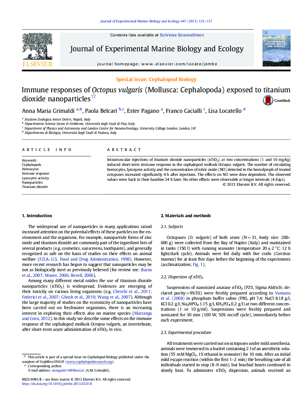 Immune responses of Octopus vulgaris (Mollusca: Cephalopoda) exposed to titanium dioxide nanoparticles 