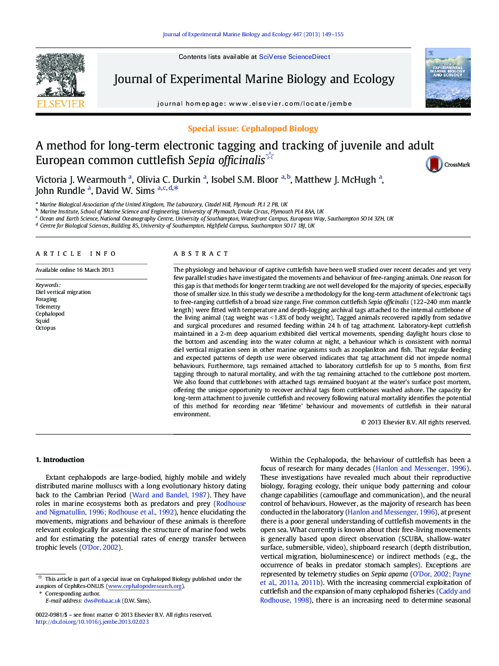 A method for long-term electronic tagging and tracking of juvenile and adult European common cuttlefish Sepia officinalis