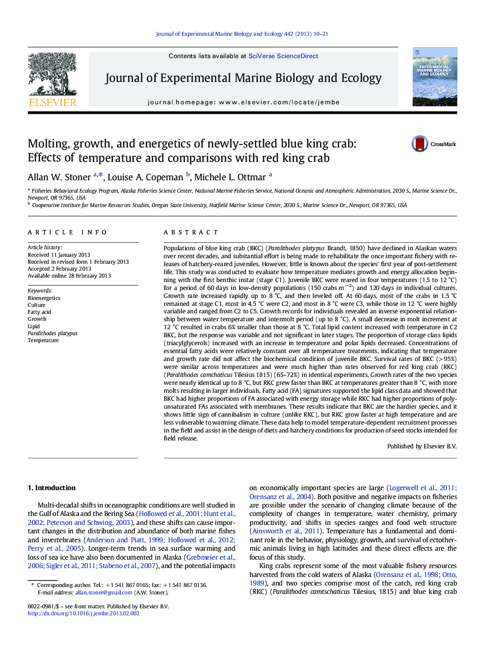 Molting, growth, and energetics of newly-settled blue king crab: Effects of temperature and comparisons with red king crab