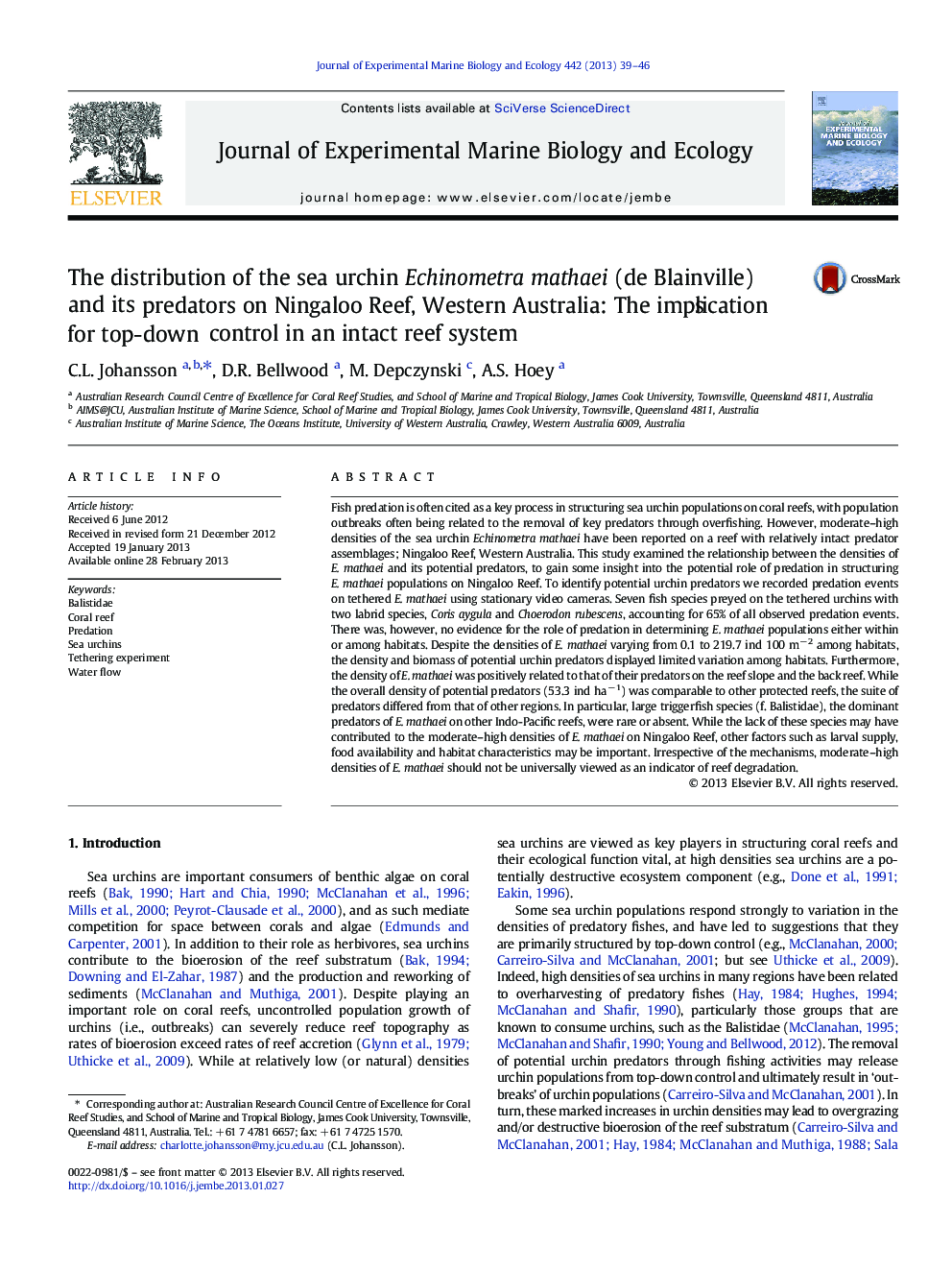 The distribution of the sea urchin Echinometra mathaei (de Blainville) and its predators on Ningaloo Reef, Western Australia: The implications for top-down control in an intact reef system