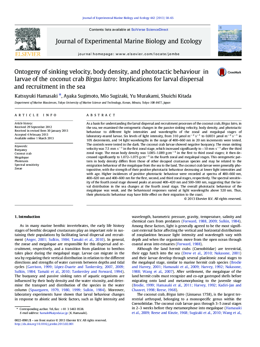 Ontogeny of sinking velocity, body density, and phototactic behaviour in larvae of the coconut crab Birgus latro: Implications for larval dispersal and recruitment in the sea