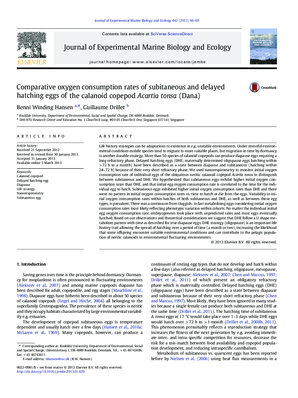 Comparative oxygen consumption rates of subitaneous and delayed hatching eggs of the calanoid copepod Acartia tonsa (Dana)