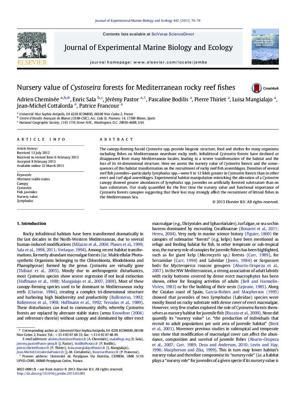 Nursery value of Cystoseira forests for Mediterranean rocky reef fishes