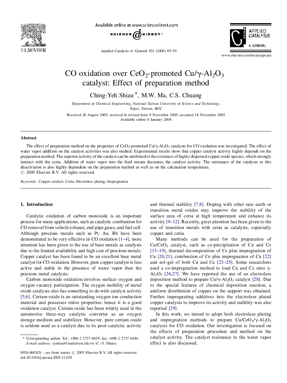 CO oxidation over CeO2-promoted Cu/γ-Al2O3 catalyst: Effect of preparation method