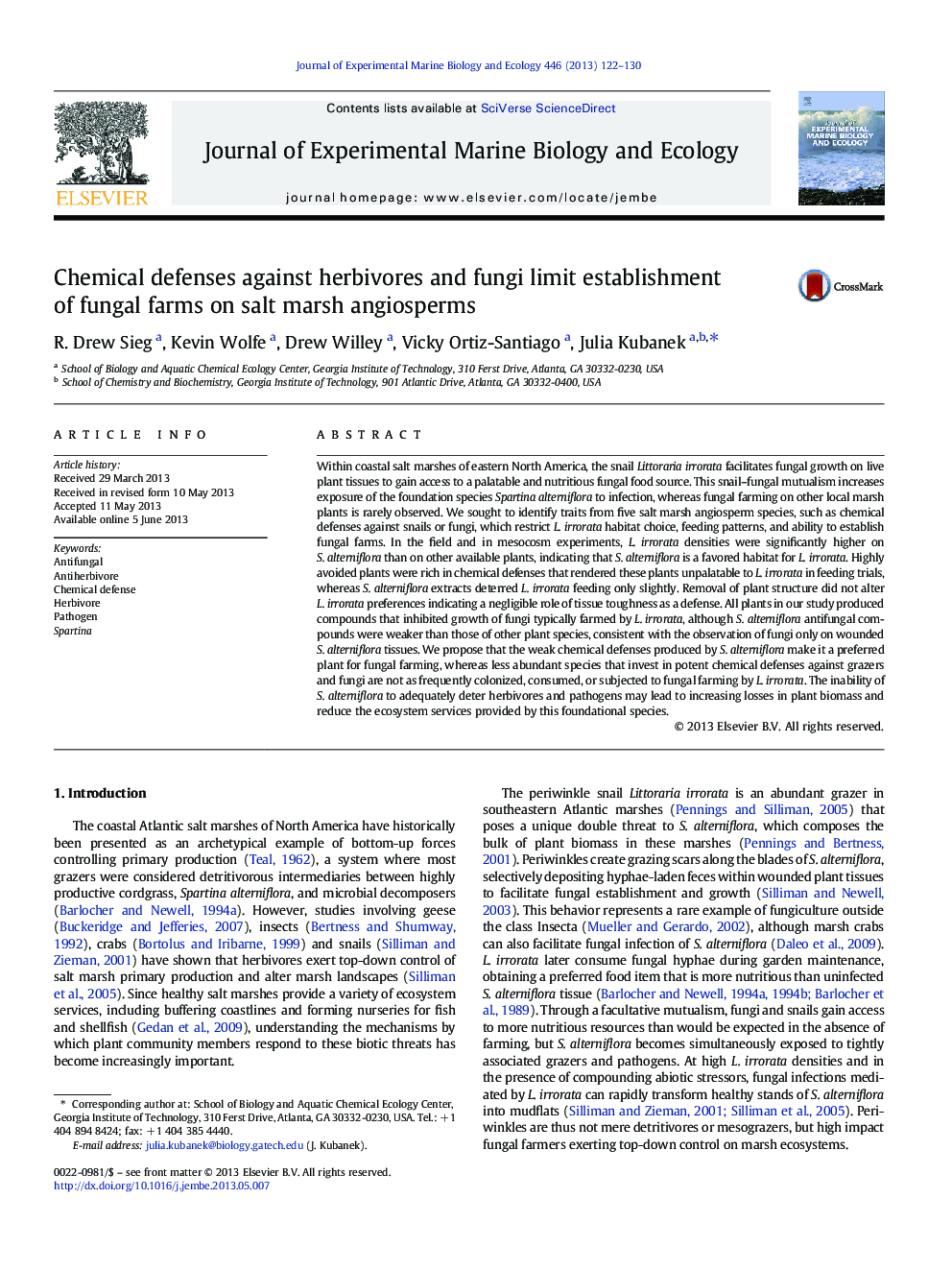 Chemical defenses against herbivores and fungi limit establishment of fungal farms on salt marsh angiosperms