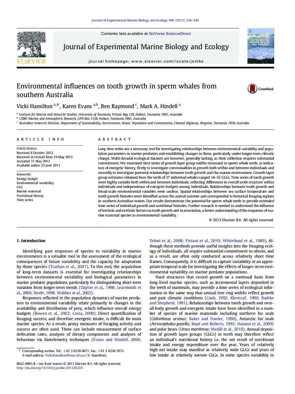Environmental influences on tooth growth in sperm whales from southern Australia