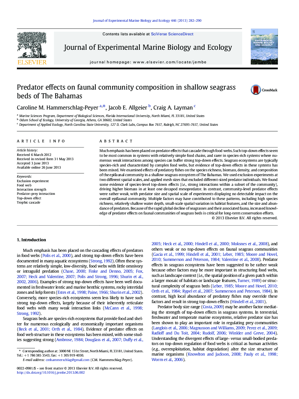 Predator effects on faunal community composition in shallow seagrass beds of The Bahamas