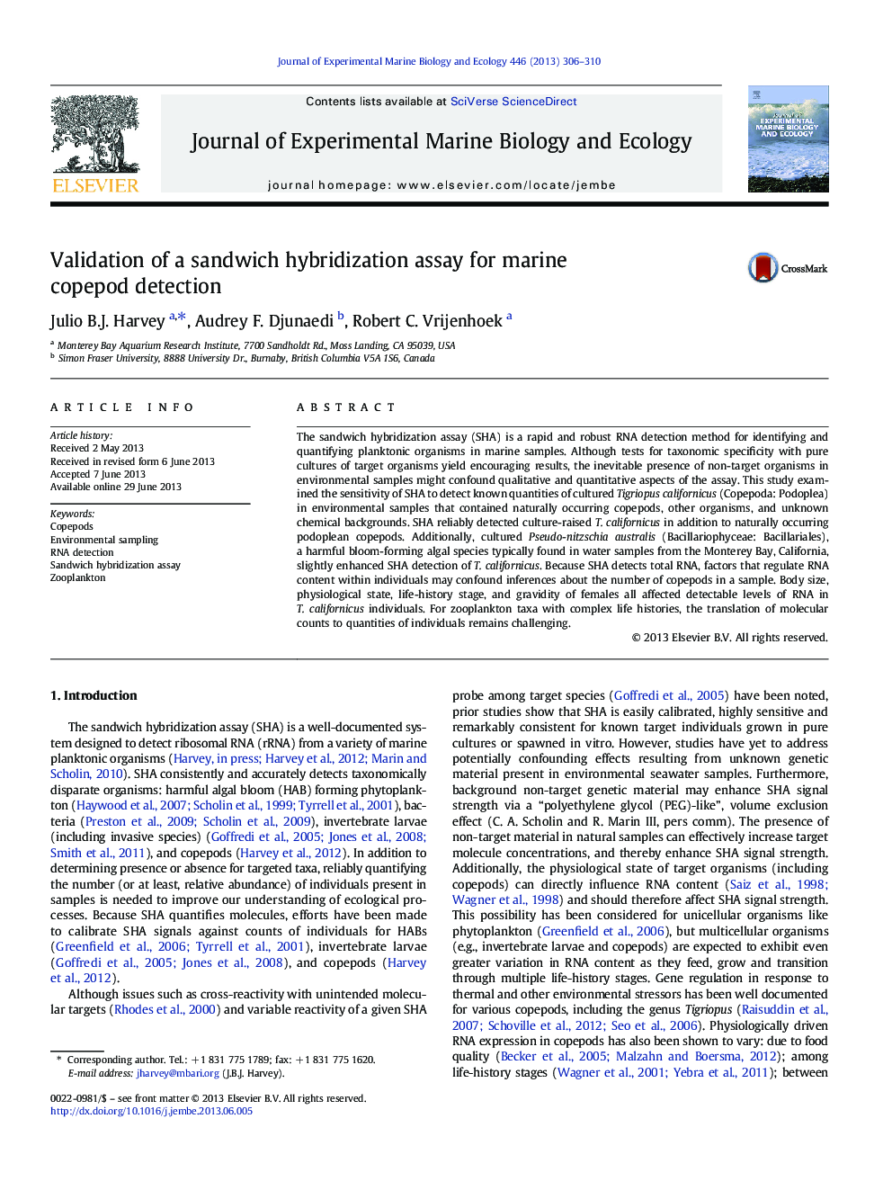 Validation of a sandwich hybridization assay for marine copepod detection