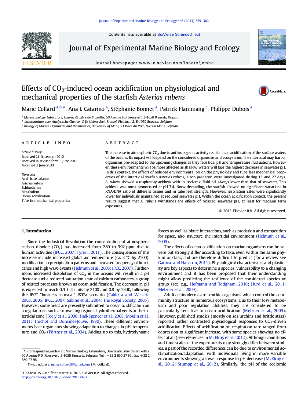 Effects of CO2-induced ocean acidification on physiological and mechanical properties of the starfish Asterias rubens