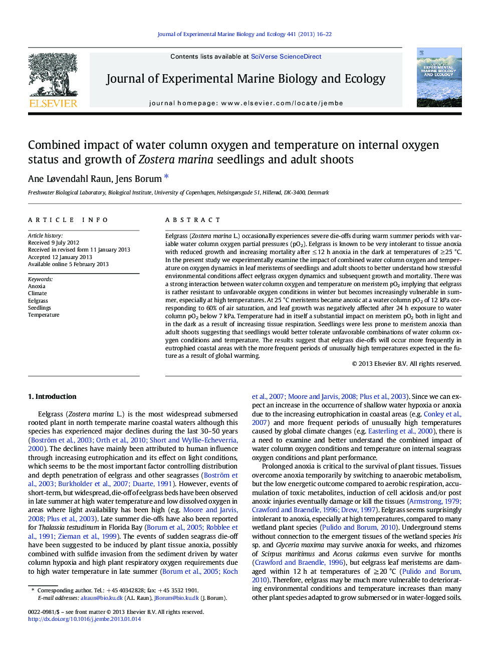 Combined impact of water column oxygen and temperature on internal oxygen status and growth of Zostera marina seedlings and adult shoots