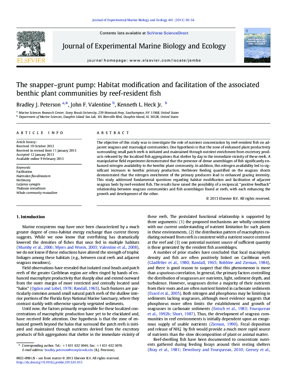 The snapper–grunt pump: Habitat modification and facilitation of the associated benthic plant communities by reef-resident fish