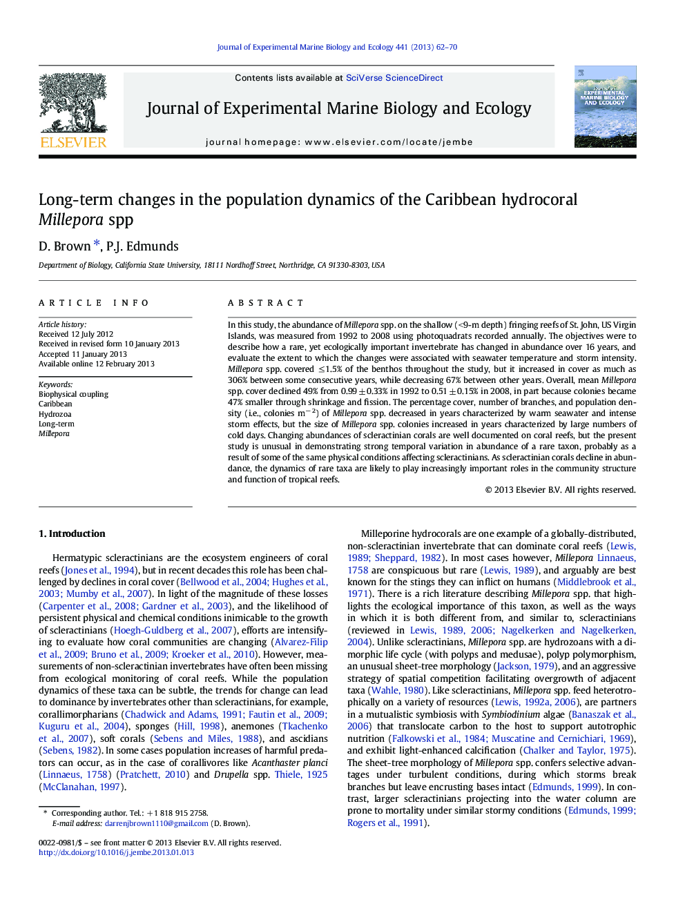 Long-term changes in the population dynamics of the Caribbean hydrocoral Millepora spp