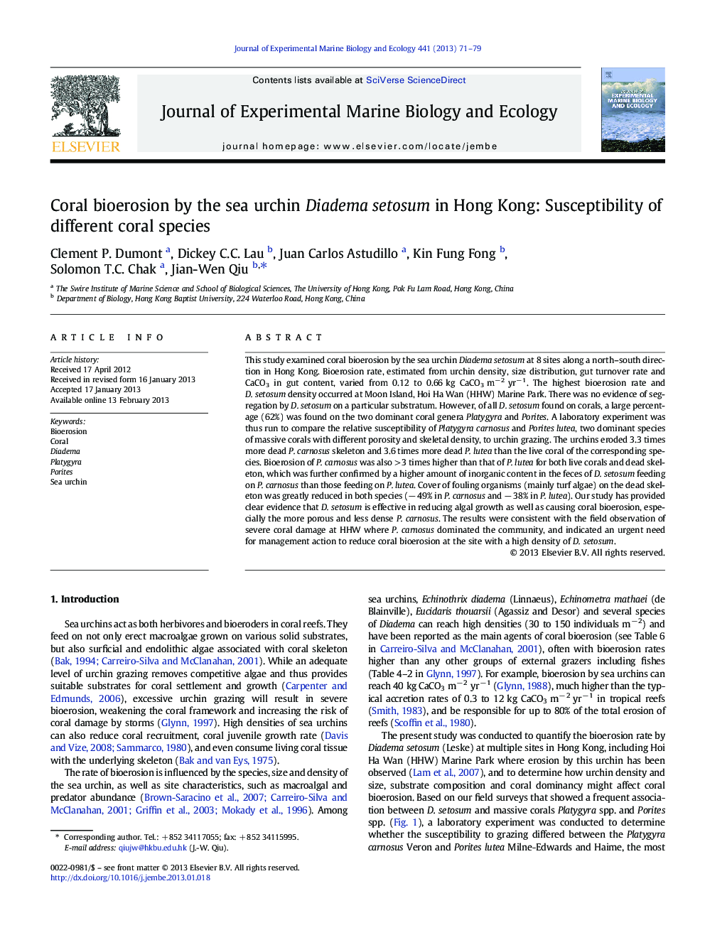 Coral bioerosion by the sea urchin Diadema setosum in Hong Kong: Susceptibility of different coral species