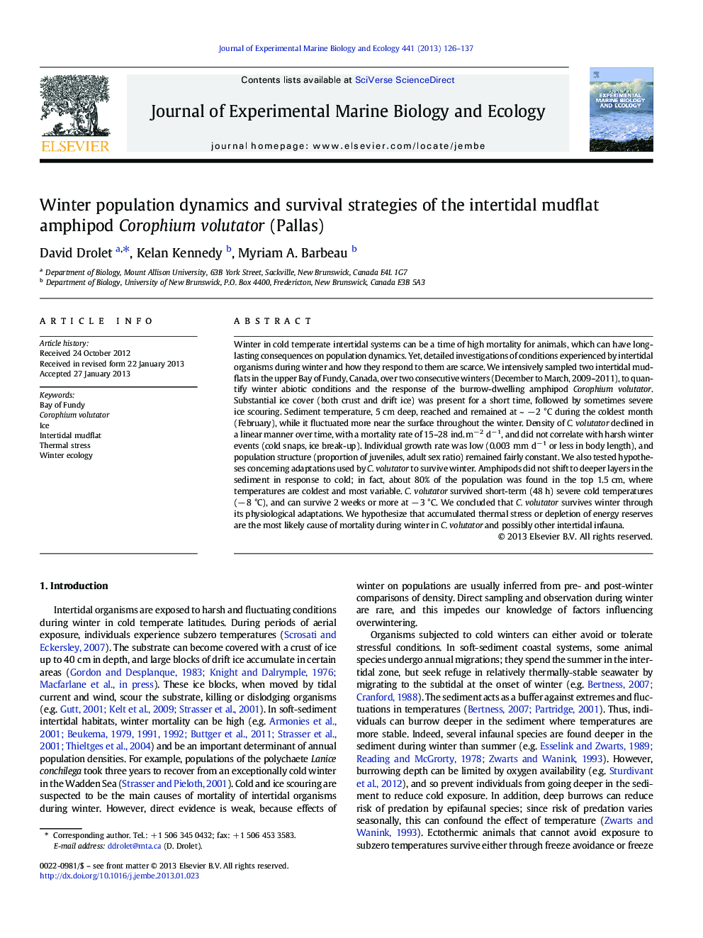 Winter population dynamics and survival strategies of the intertidal mudflat amphipod Corophium volutator (Pallas)