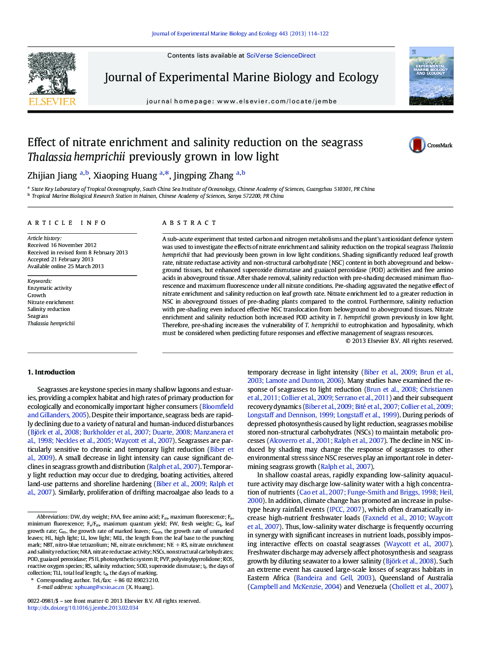 Effect of nitrate enrichment and salinity reduction on the seagrass Thalassia hemprichii previously grown in low light