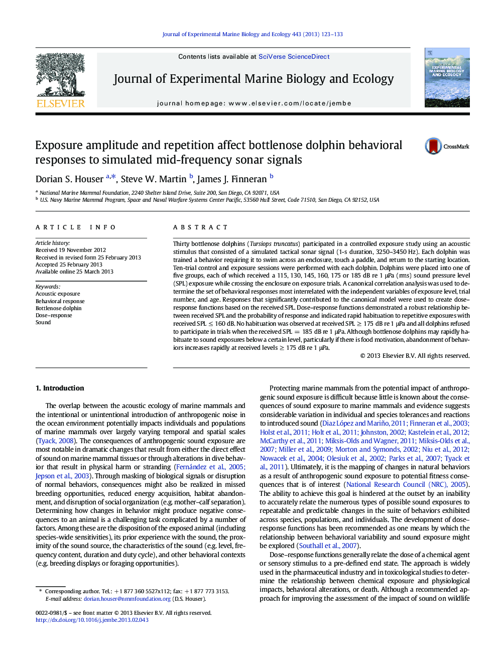 عکس صفحه اول مقاله: Exposure amplitude and repetition affect bottlenose dolphin behavioral responses to simulated mid-frequency sonar signals Exposure amplitude and repetition affect bottlenose dolphin behavioral responses to simulated mid-frequency sonar signals