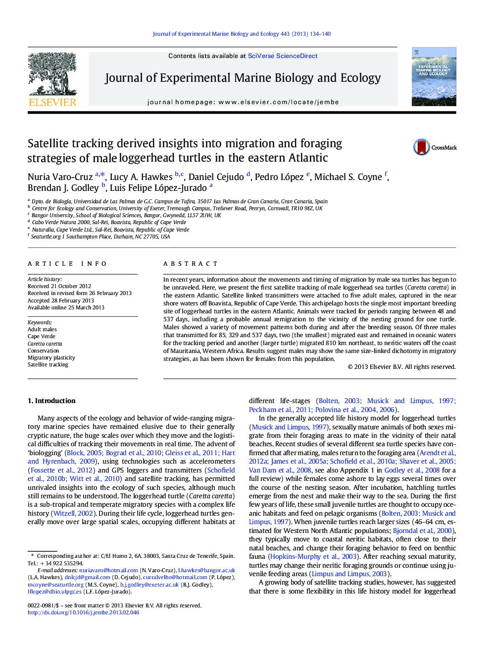 Satellite tracking derived insights into migration and foraging strategies of male loggerhead turtles in the eastern Atlantic