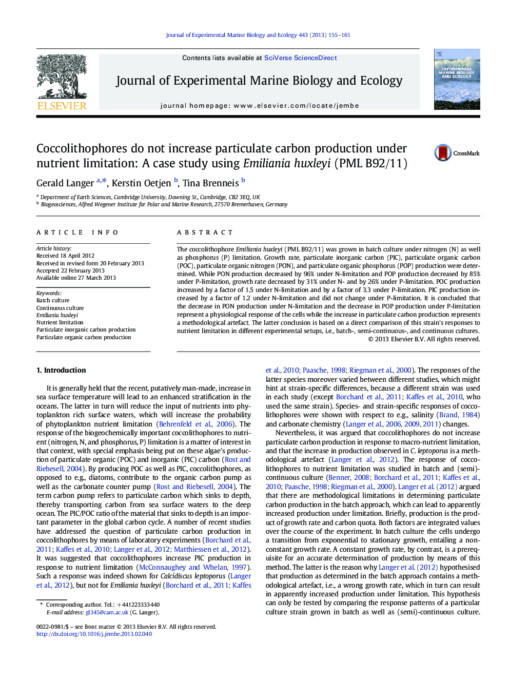Coccolithophores do not increase particulate carbon production under nutrient limitation: A case study using Emiliania huxleyi (PML B92/11)